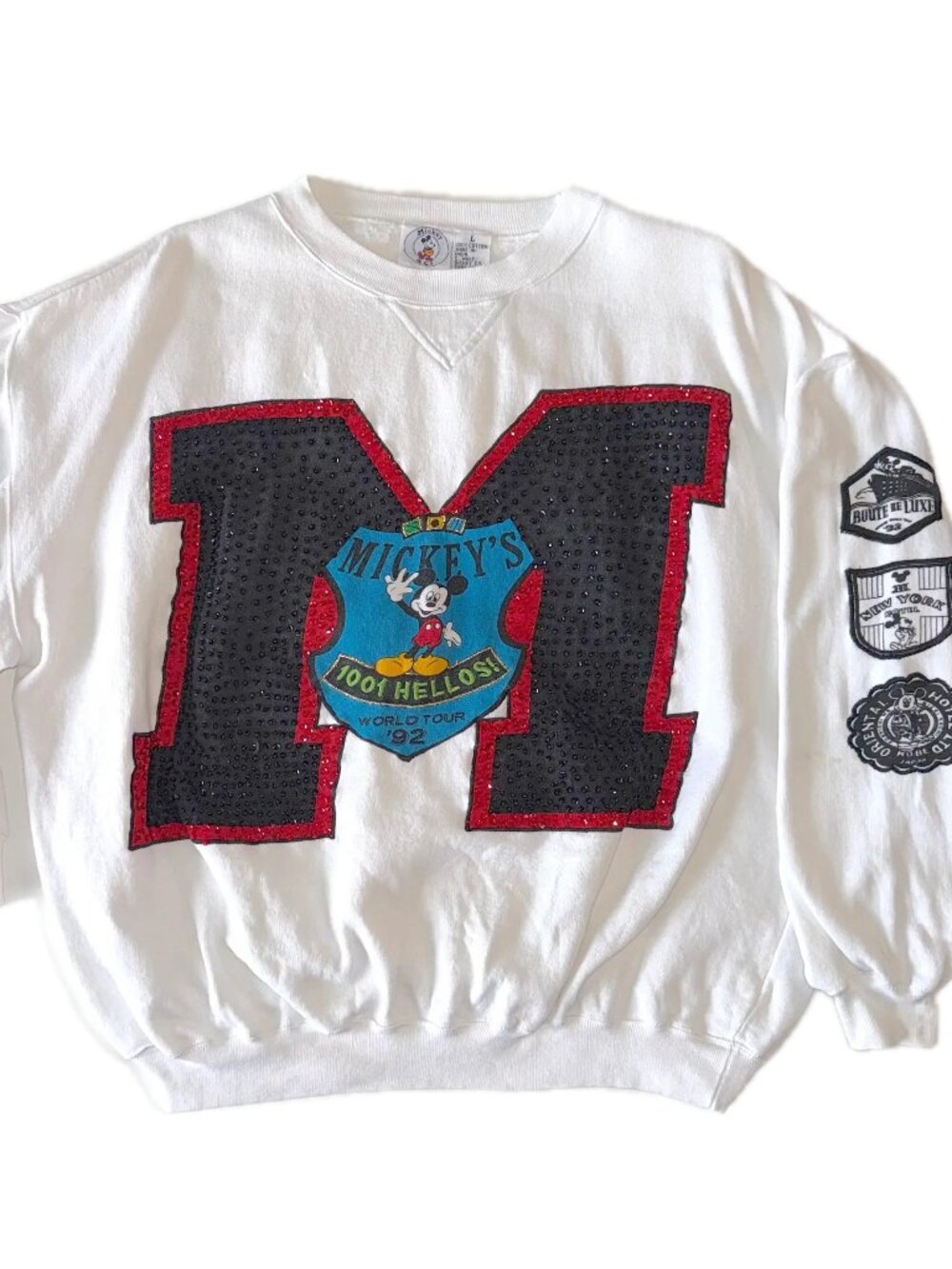 VTG Mickey's 1001 Hellos World Tour 1992 Sweater Sz L Sparkle Embellished 90s